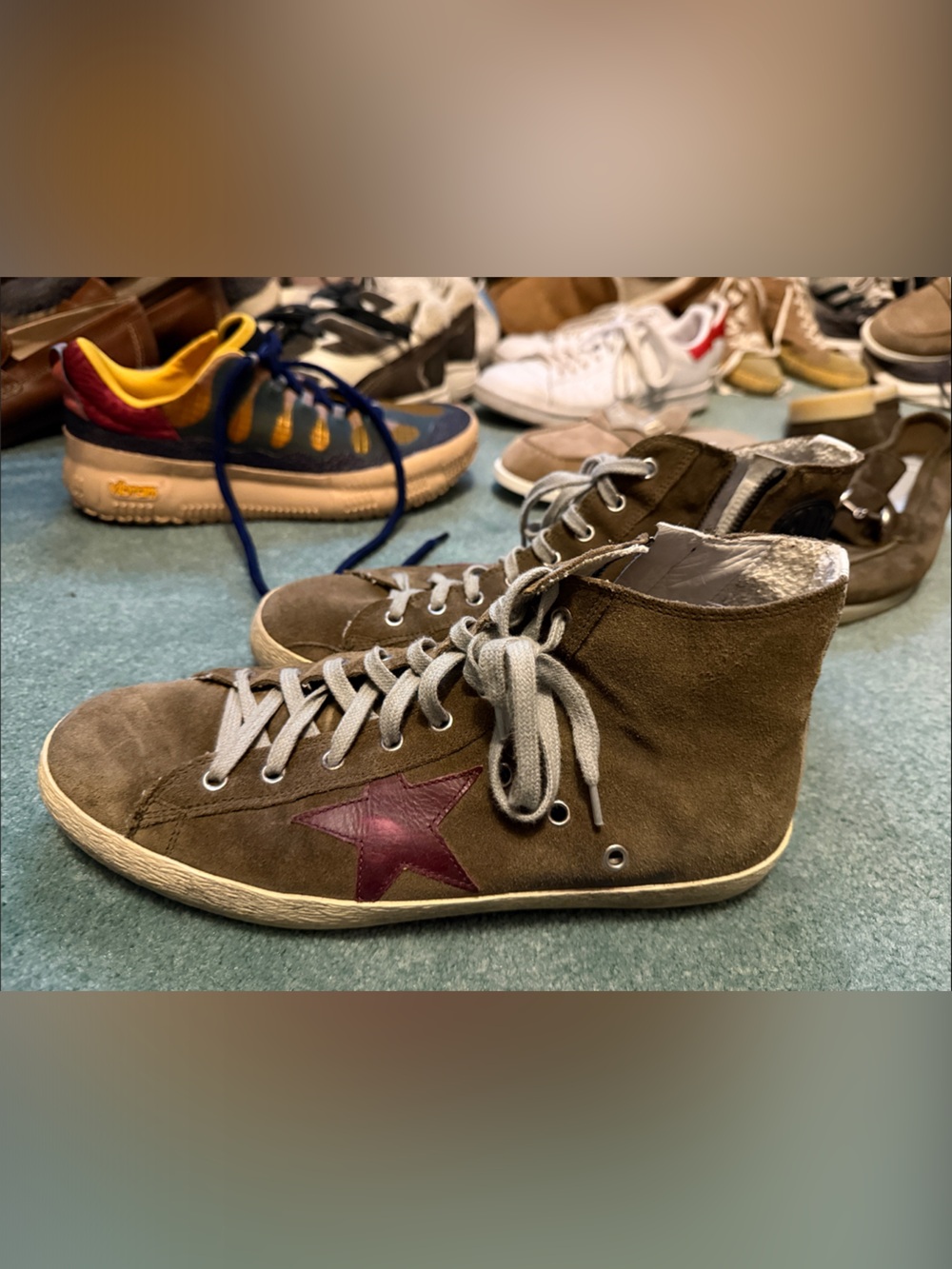 Golden Goose Men's Olive Suede High-Top Sneakers with Burgundy Star